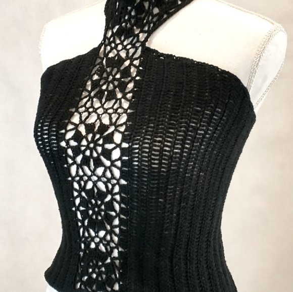Hand Crafted Tops - 💥 Black Halter,cropped, Handmade, Lace, Crochet,Knit